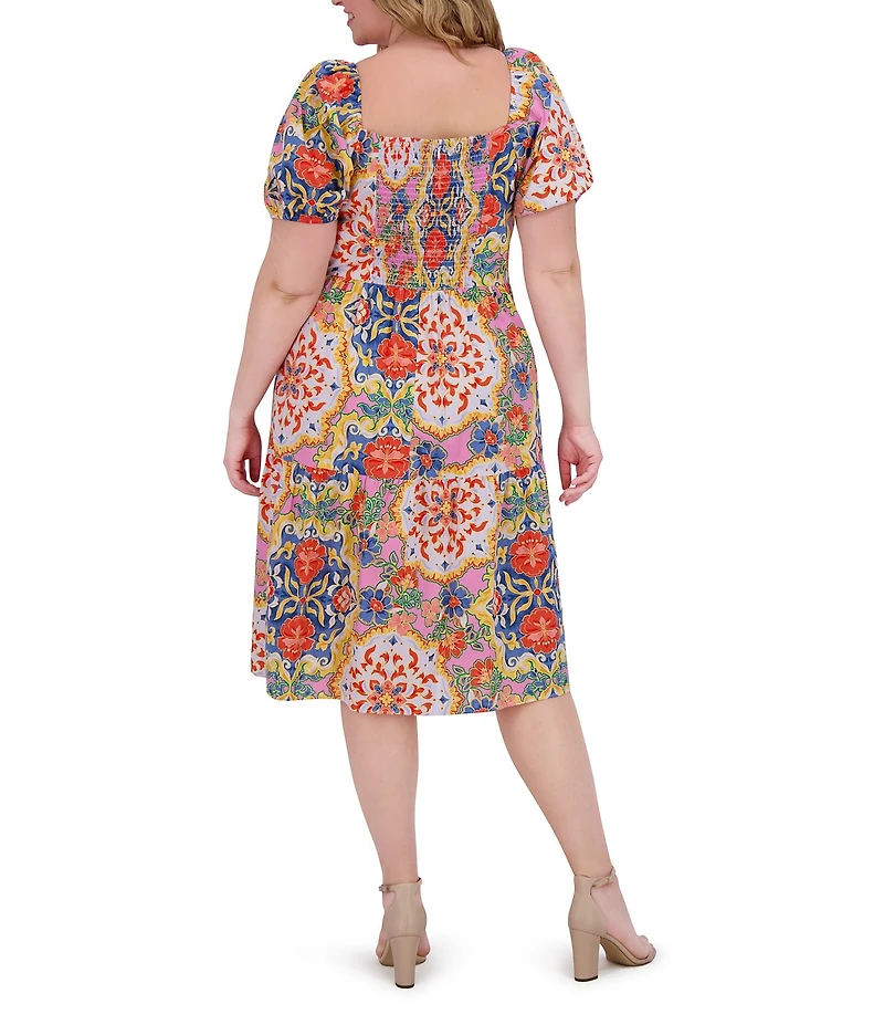Vince Camuto Plus Size Square Neck Short Puff Sleeve A-Line Midi Dress