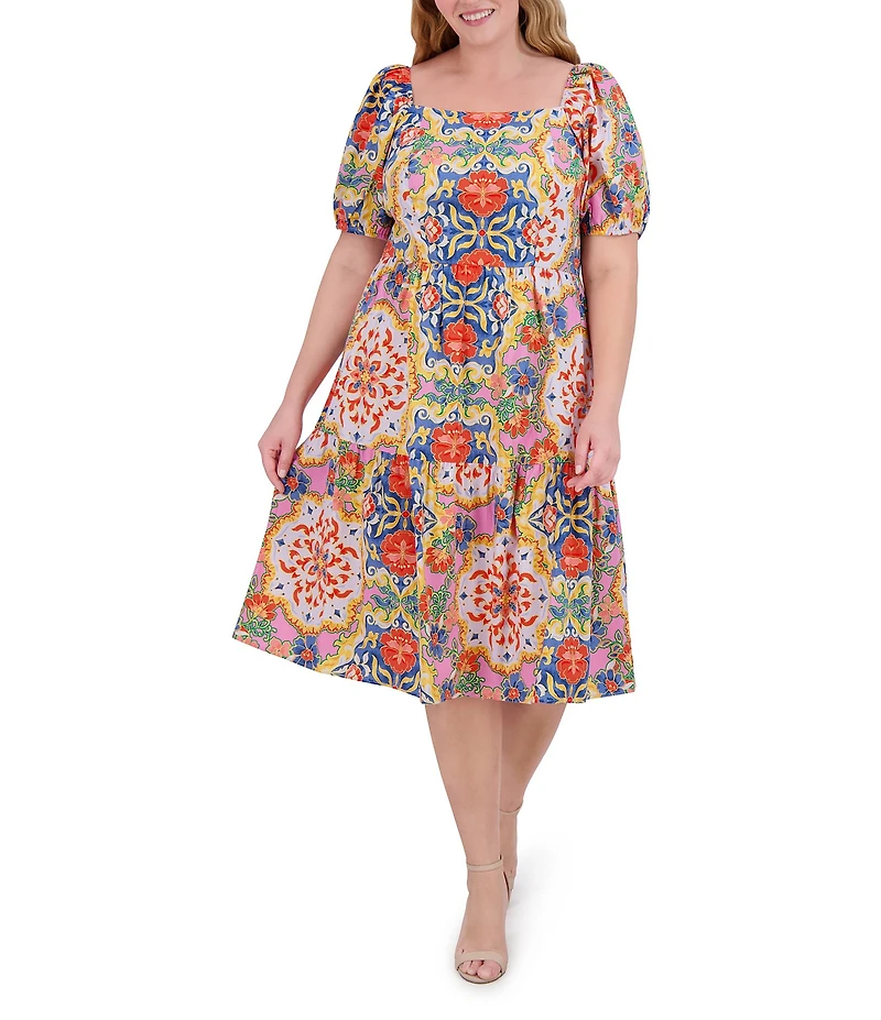 Vince Camuto Plus Size Square Neck Short Puff Sleeve A-Line Midi Dress