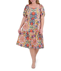 Vince Camuto Plus Size Square Neck Short Puff Sleeve A-Line Midi Dress