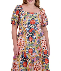 Vince Camuto Plus Size Square Neck Short Puff Sleeve A-Line Midi Dress