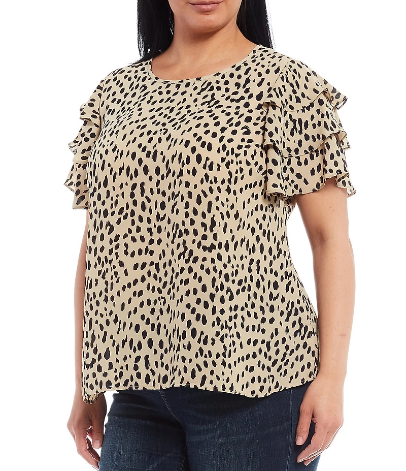 Vince Camuto Plus Size Round Neck Tiered Short Sleeve Leopard Print Blouse