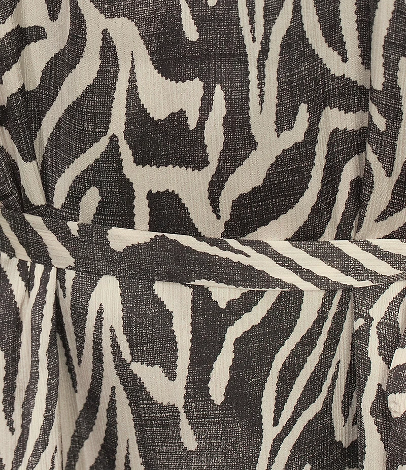 Vince Camuto Plus Size Wild Zebra Print Satin Yoryu V-Neck 3/4 Sleeve Belted A-Line Midi Dress