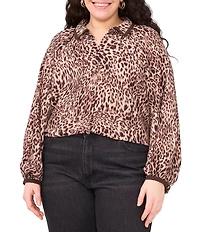 Vince Camuto Plus Size Woven Cheetah Print V-Neck Long Sleeve Shirt