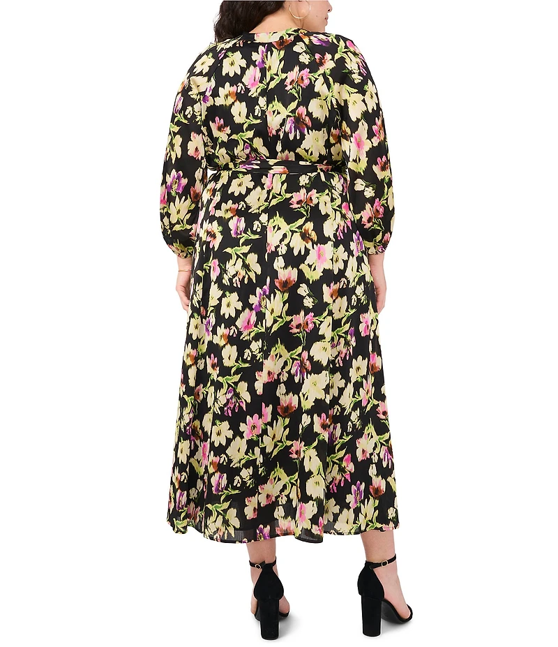 Vince Camuto Plus Size Woven Floral Print V-Neck 3/4 Sleeve Belted Maxi Dress
