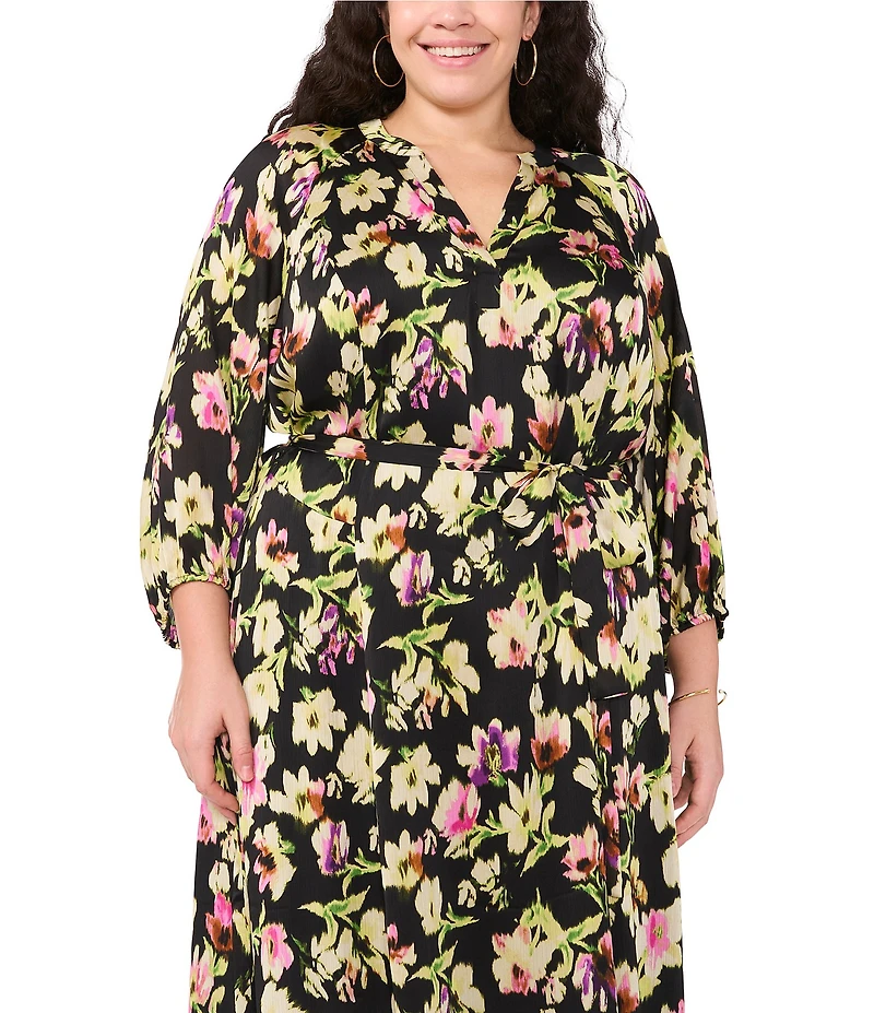 Vince Camuto Plus Size Woven Floral Print V-Neck 3/4 Sleeve Belted Maxi Dress