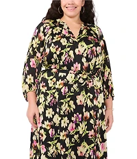 Vince Camuto Plus Size Woven Floral Print V-Neck 3/4 Sleeve Belted Maxi Dress