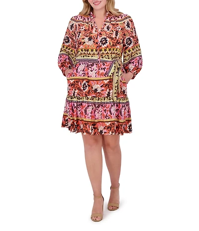 Vince Camuto Plus Size Woven Floral Print V-Neck Tie Long Sleeve Belted Dress