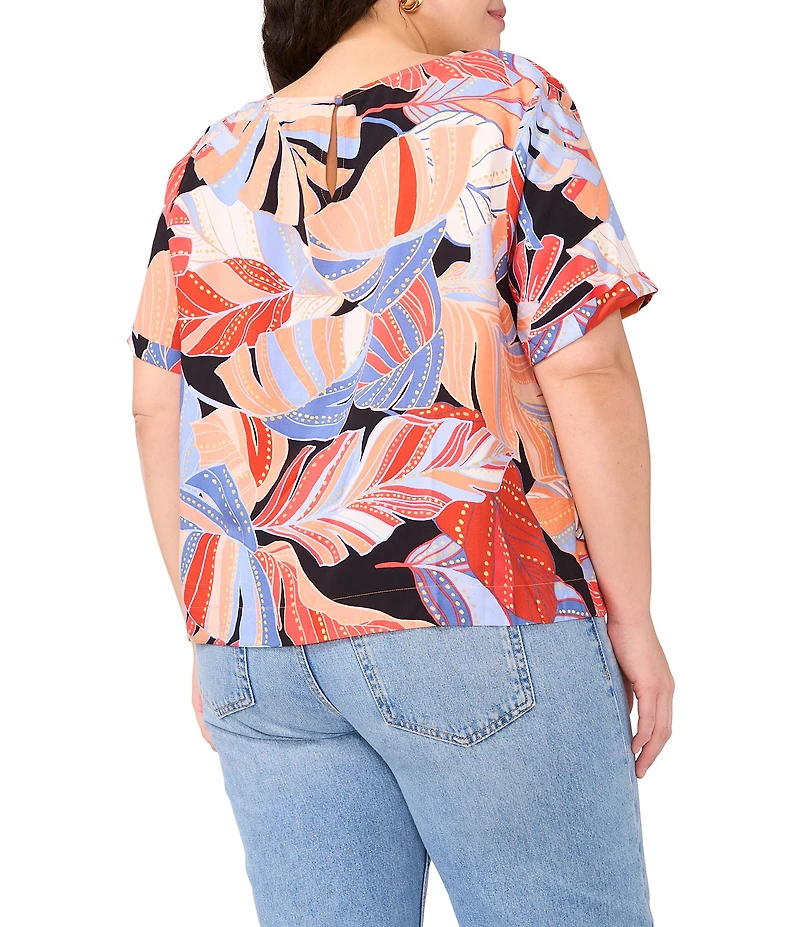 Vince Camuto Plus Size Woven Crew Tropical Palm Print Boat Neck Short Sleeve Blouse