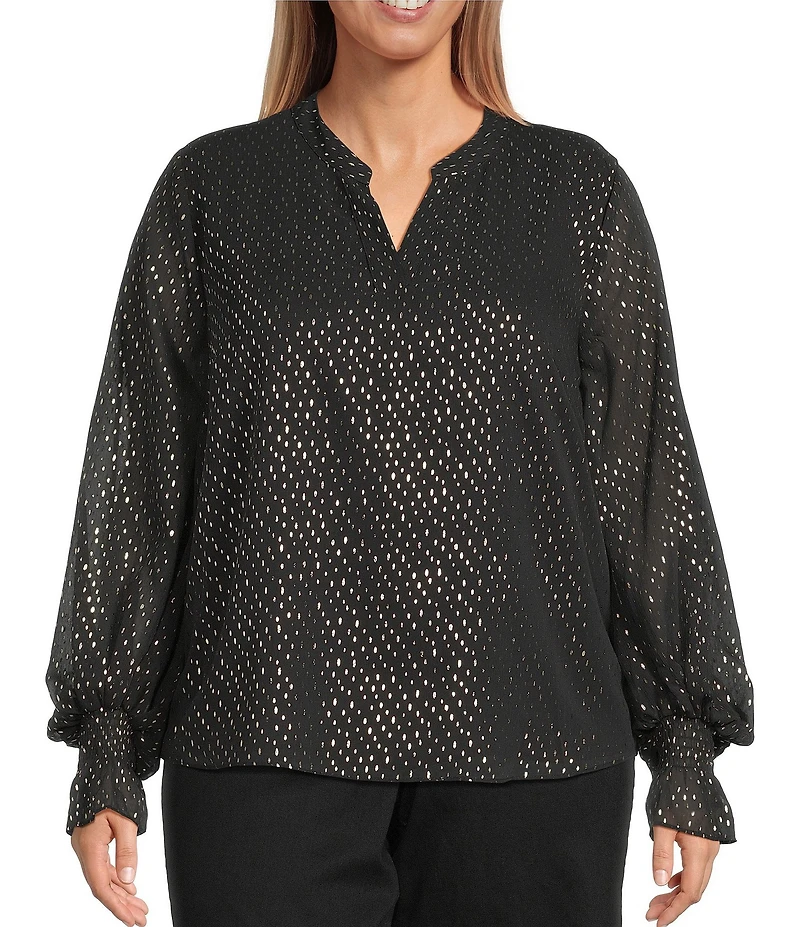 Vince Camuto Plus Size Woven Lurex Dot V-Neck Long Sleeve Blouse