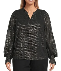 Vince Camuto Plus Size Woven Lurex Dot V-Neck Long Sleeve Blouse