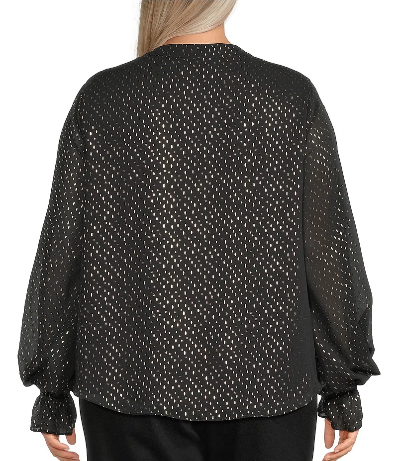 Vince Camuto Plus Size Woven Lurex Dot V-Neck Long Sleeve Blouse