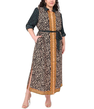 Vince Camuto Plus Size Woven Point Collar Long Sleeve Button Front Maxi Shirt Dress