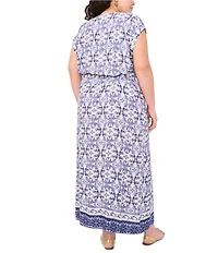Vince Camuto Plus Size Woven Printed V-Neck Cap Sleep Tie Front Maxi Wrap Dress
