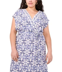 Vince Camuto Plus Size Woven Printed V-Neck Cap Sleep Tie Front Maxi Wrap Dress