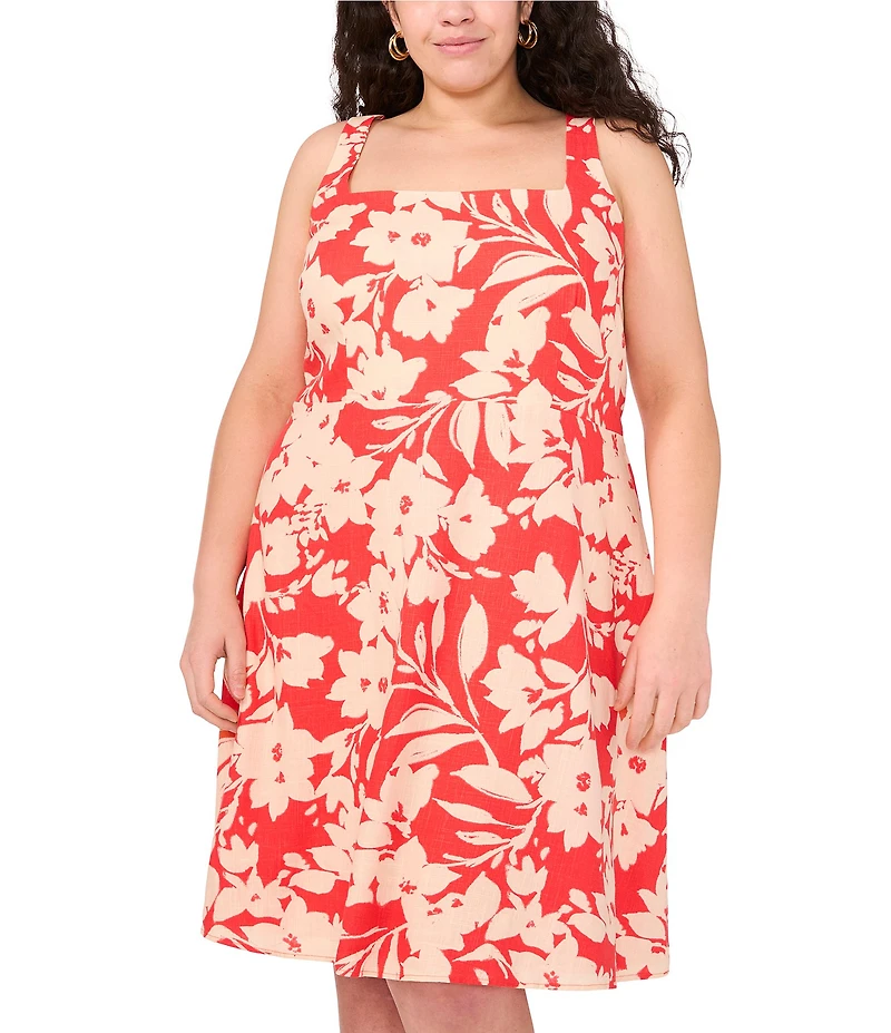 Vince Camuto Plus Size Woven Square Neck Sleeveless Floral Print A-Line Dress