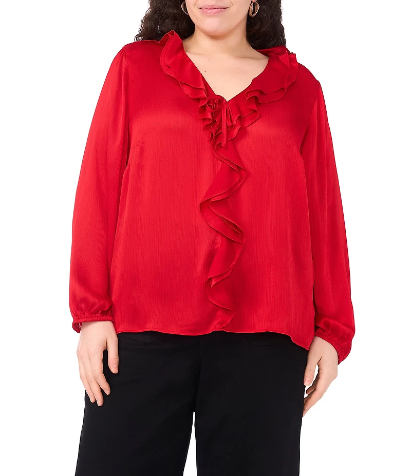 Vince Camuto Plus Size Woven V-Neck Long Sleeve Ruffle Blouse
