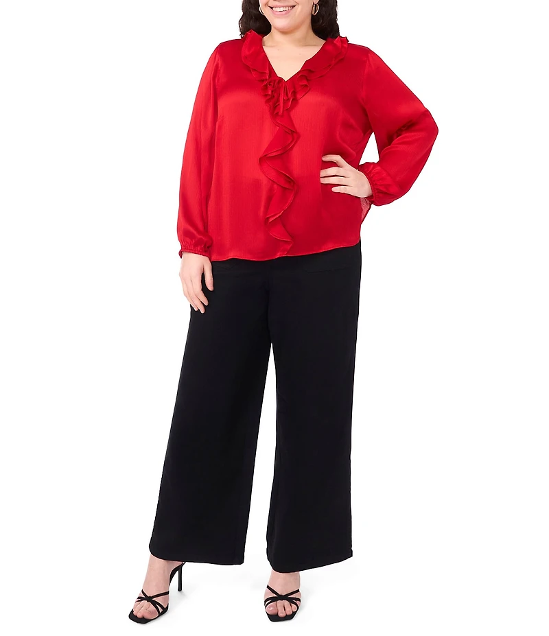 Vince Camuto Plus Size Woven V-Neck Long Sleeve Ruffle Blouse