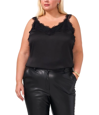 Vince Camuto Plus Size Woven V-Neck Sleeveless Lace Trim Blouse