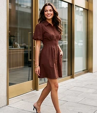Vince Camuto Point Collar Short Sleeve Pleated Dress