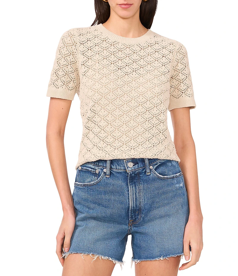 Vince Camuto Pointelle Knit Crew Neck Short Sleeve Top