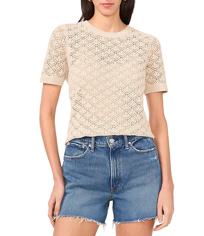 Vince Camuto Pointelle Knit Crew Neck Short Sleeve Top