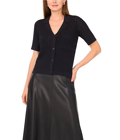 Vince Camuto Pointelle Knit V-Neck Short Sleeve Button Front Sweater