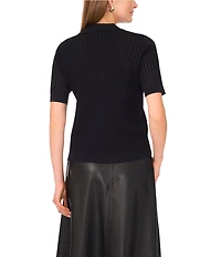 Vince Camuto Pointelle Knit V-Neck Short Sleeve Button Front Sweater