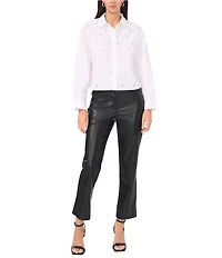 Vince Camuto Poplin Point Collar Long Sleeve Grommet Detail Cropped Button Front Blouse