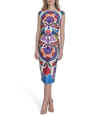Vince Camuto Printed Boat Neck Cap Sleeve Midi Bodycon Dress