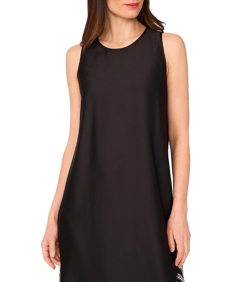 Vince Camuto Leaf Print Crew Neckline Sleeveless Shift Maxi Dress