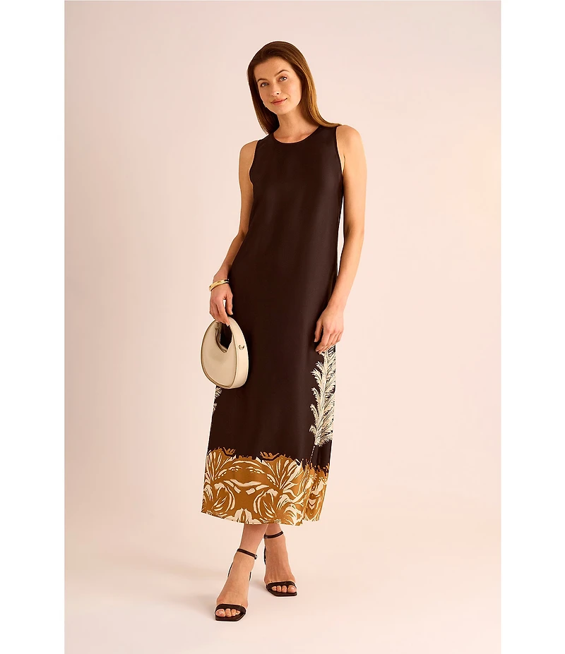 Vince Camuto Leaf Print Crew Neckline Sleeveless Shift Maxi Dress