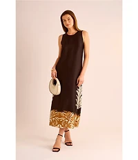 Vince Camuto Leaf Print Crew Neckline Sleeveless Shift Maxi Dress
