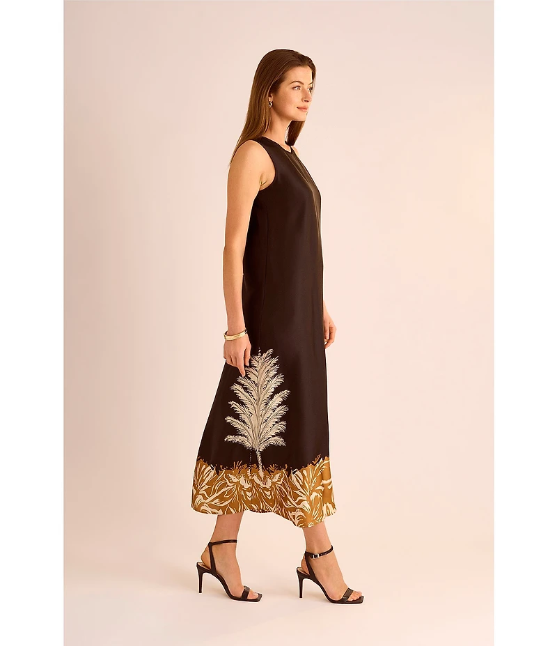 Vince Camuto Leaf Print Crew Neckline Sleeveless Shift Maxi Dress