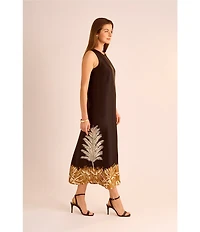 Vince Camuto Leaf Print Crew Neckline Sleeveless Shift Maxi Dress