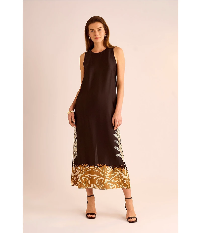 Vince Camuto Leaf Print Crew Neckline Sleeveless Shift Maxi Dress