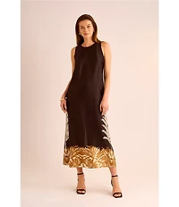Vince Camuto Leaf Print Crew Neckline Sleeveless Shift Maxi Dress