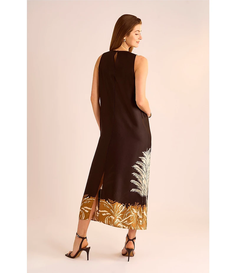 Vince Camuto Leaf Print Crew Neckline Sleeveless Shift Maxi Dress