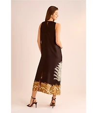 Vince Camuto Leaf Print Crew Neckline Sleeveless Shift Maxi Dress
