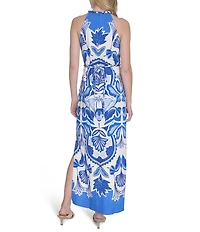 Vince Camuto Printed Halter Neck Sleeveless Belted Maxi A-Line Dress