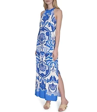 Vince Camuto Printed Halter Neck Sleeveless Belted Maxi A-Line Dress