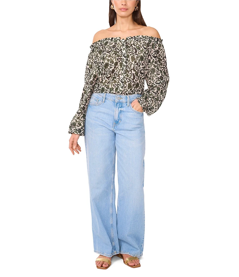 Vince Camuto Printed Off-The-Shoulder Long Sleeve Button Front Blouse