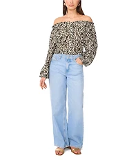 Vince Camuto Printed Off-The-Shoulder Long Sleeve Button Front Blouse