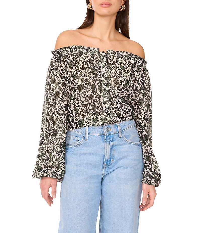 Vince Camuto Printed Off-The-Shoulder Long Sleeve Button Front Blouse