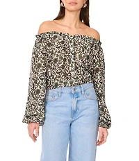 Vince Camuto Printed Off-The-Shoulder Long Sleeve Button Front Blouse
