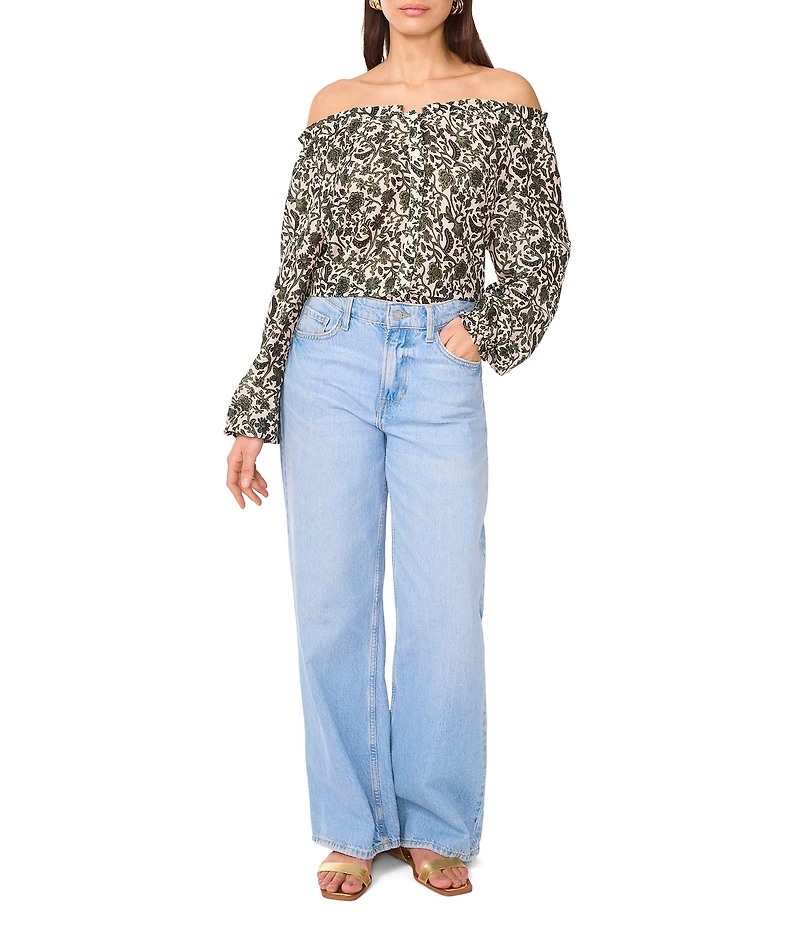 Vince Camuto Printed Off-The-Shoulder Long Sleeve Button Front Blouse