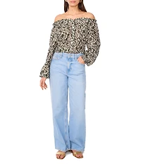 Vince Camuto Printed Off-The-Shoulder Long Sleeve Button Front Blouse
