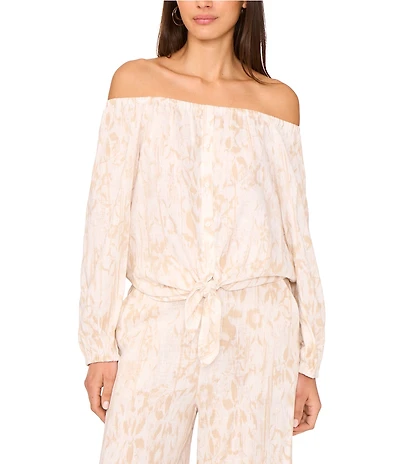 Vince Camuto Printed Off-The-Shoulder Long Sleeve Tie Front Blouse