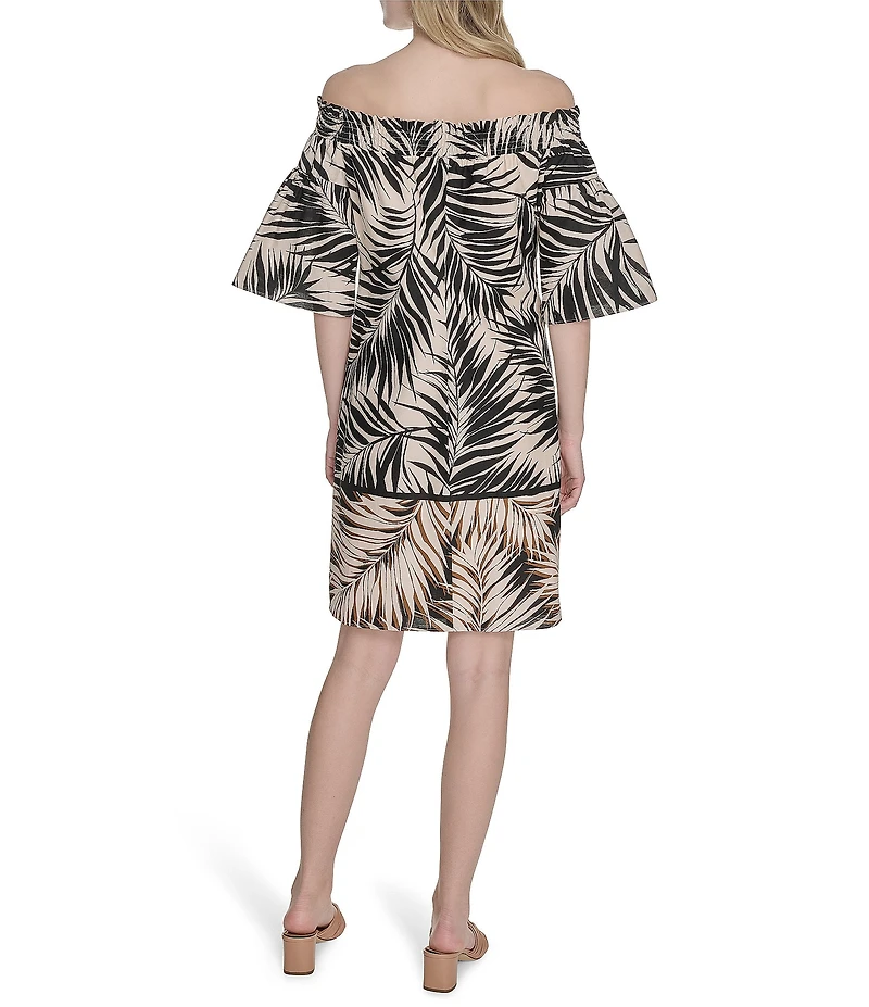 Vince Camuto Leaf Printed Poplin Off-The-Shoulder Short Sleeve Shift Dress