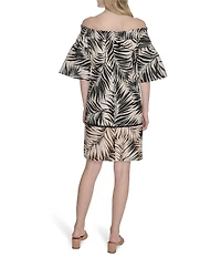 Vince Camuto Leaf Printed Poplin Off-The-Shoulder Short Sleeve Shift Dress