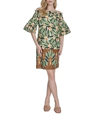 Vince Camuto Printed Poplin Off-The-Shoulder Short Sleeve Shift Dress